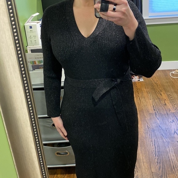 DKNY Sparkly Fitted Black Belted Midi Dress NWT - Picture 3 of 15